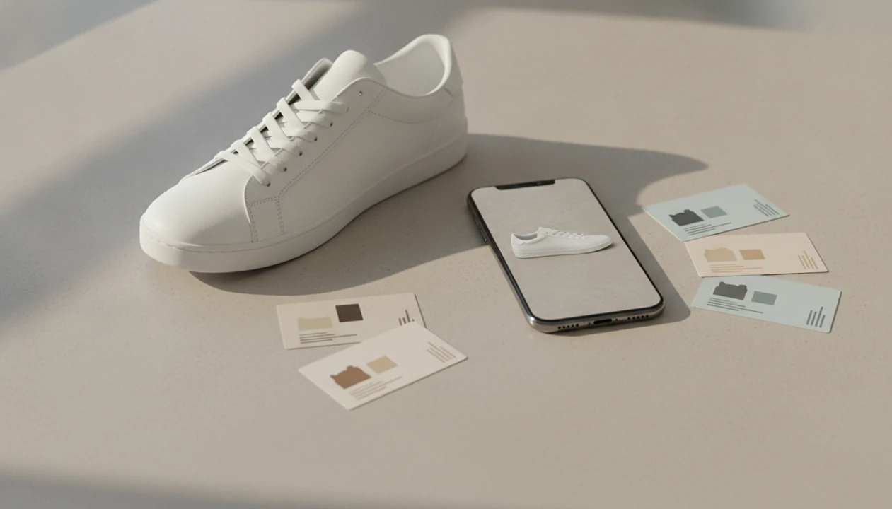 A phone matches a photographed sneaker to several blank shopping option cards on a tabletop.