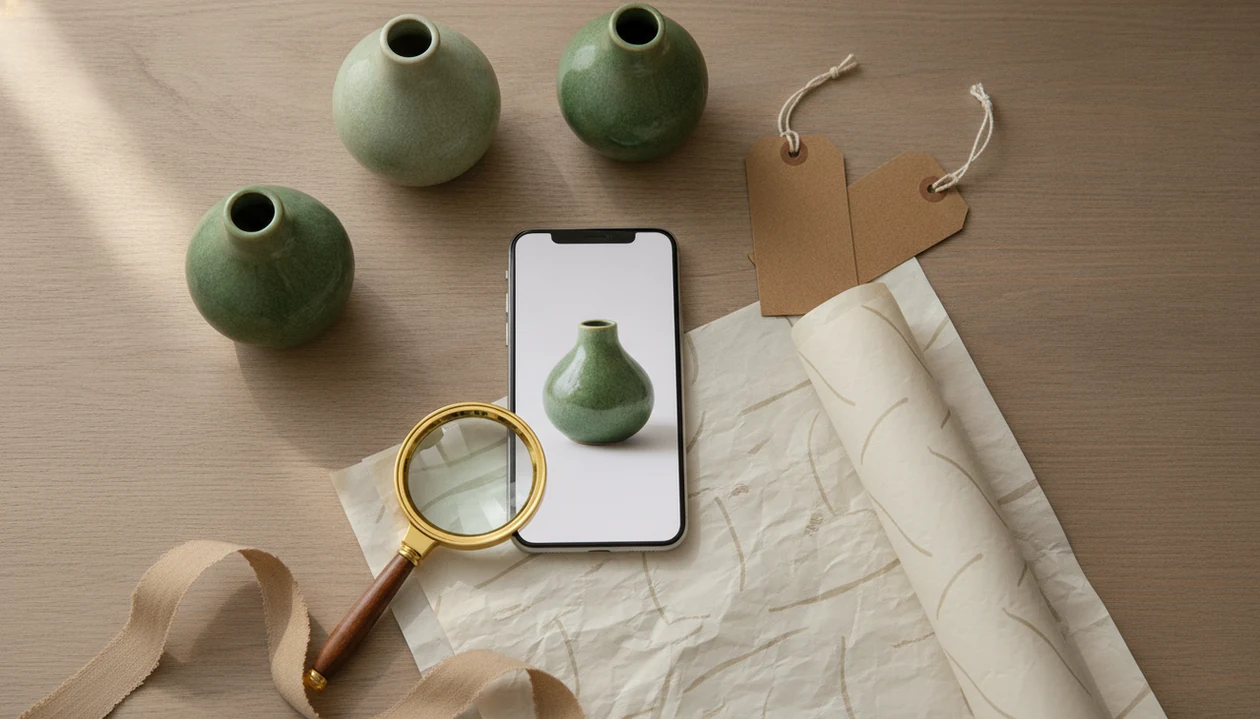 A phone photo of a gift item sits among similar products, tags, ribbon, and a magnifying glass.
