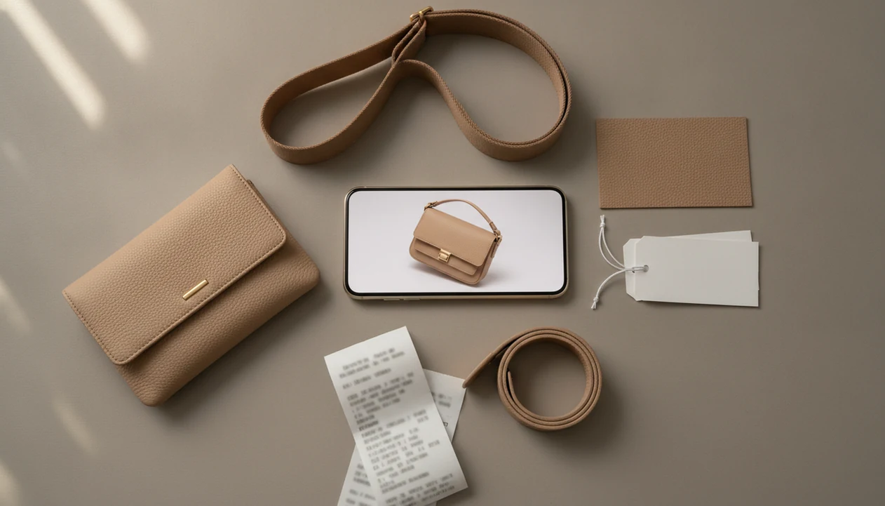 A phone screenshot of a tan bag sits among similar products and blank price tags on a desk.