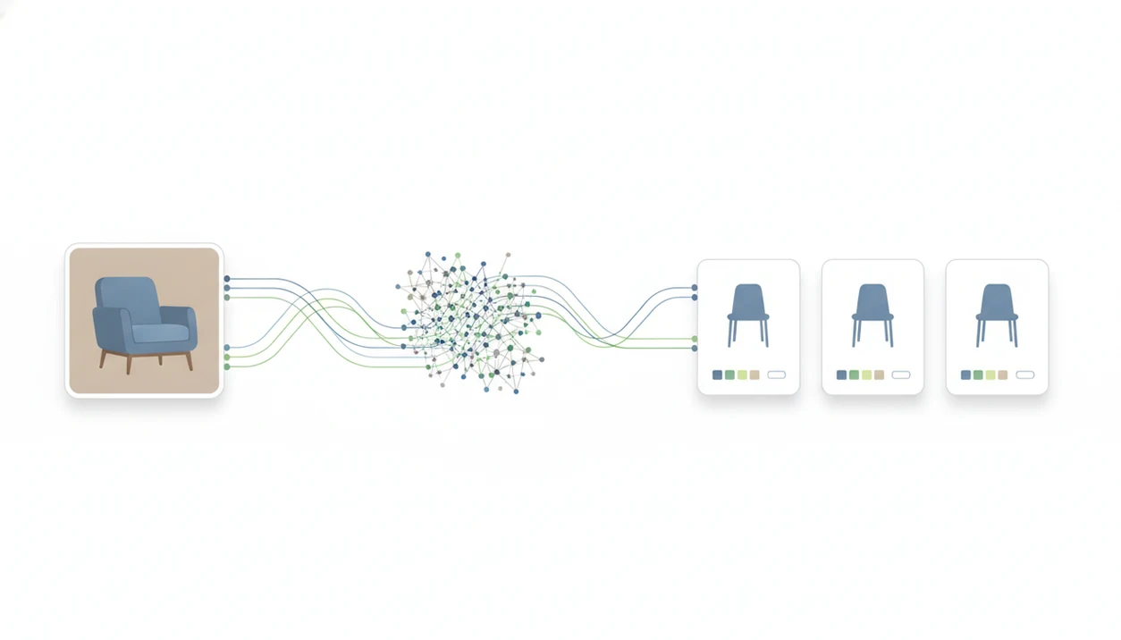 A clean diagram shows a photographed chair becoming visual data and matching several shoppable product results.