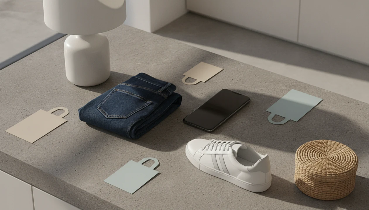 A smartphone sits among everyday products and blank price tags, suggesting visual search and deal comparison.