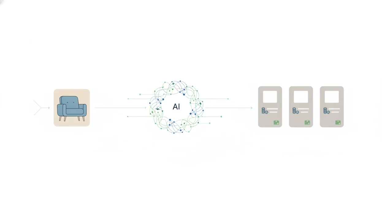 A simple diagram shows a product photo becoming AI matches and store results.