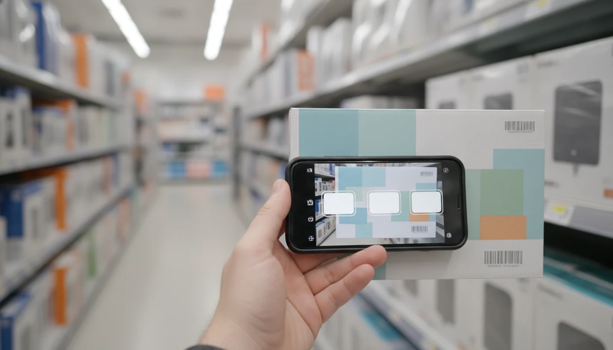 A phone scans a boxed product on a store shelf to compare online prices before buying.