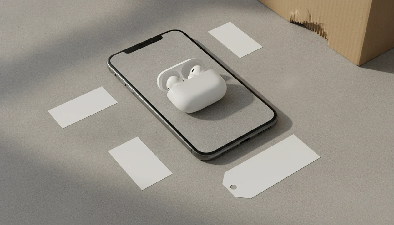 A phone camera frames earbuds while blank price cards and shipping items suggest comparing stores from a photo.