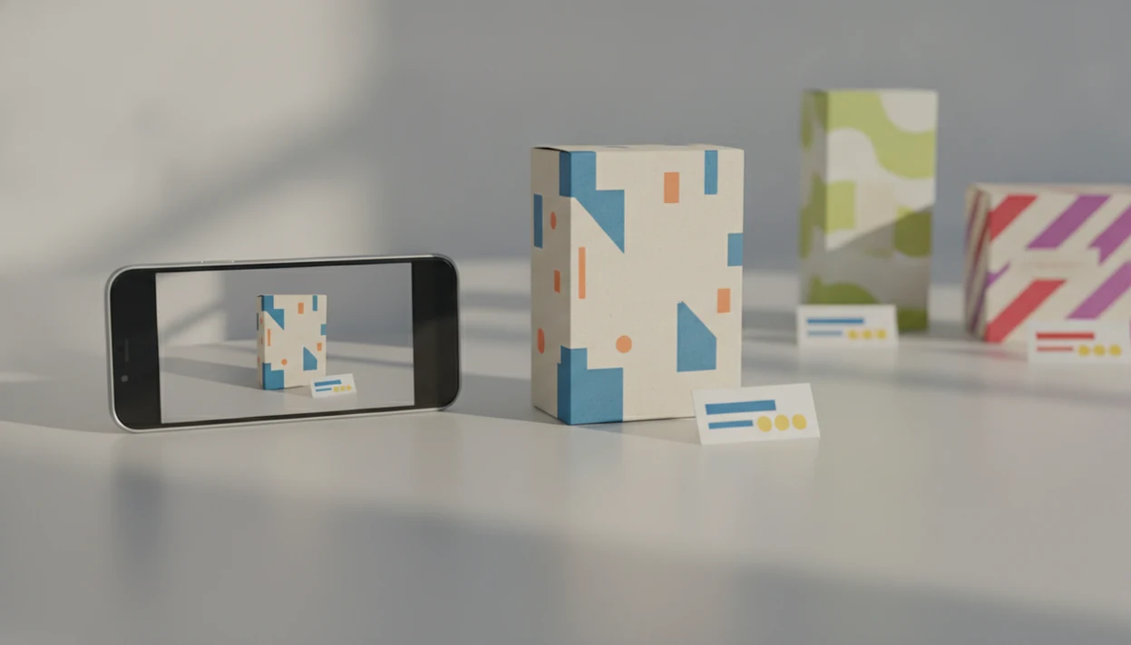 A phone compares a boxed product with similar variants and blank price tags on a clean tabletop.