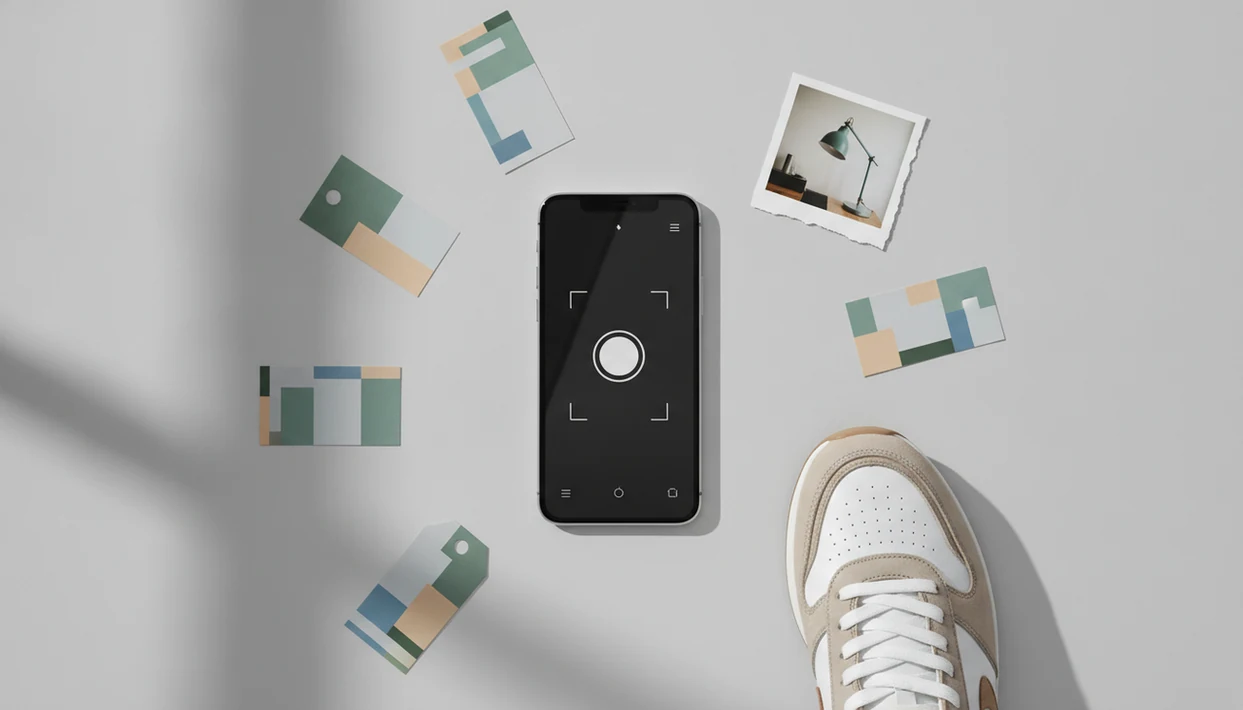 A smartphone uses product photos to compare shopping options for a sneaker and home item.