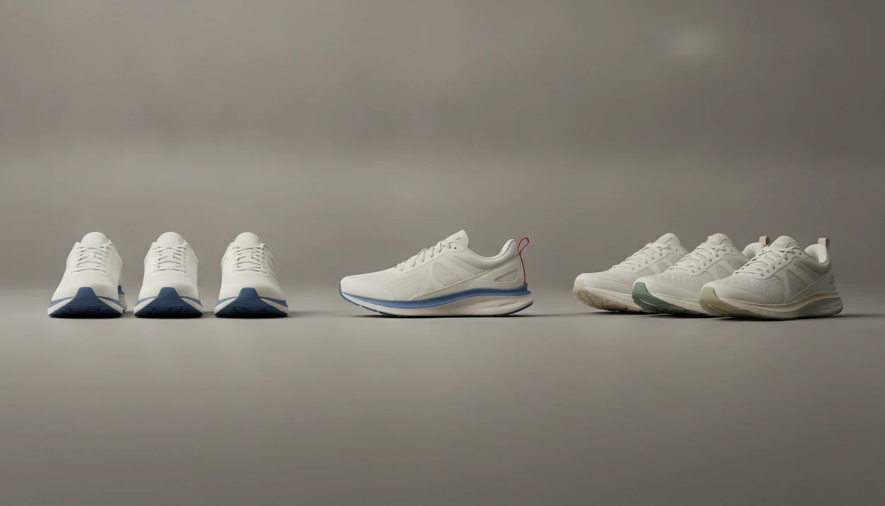 A central shoe is compared with identical matches on one side and similar lookalikes on the other.