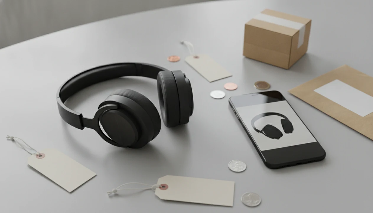 A product photo search setup with headphones, blank price tags, coins, and a shipping box on a table.