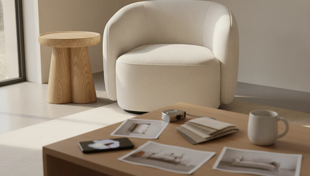 A stylish chair is photographed beside shopping tools for comparing similar furniture from an image.