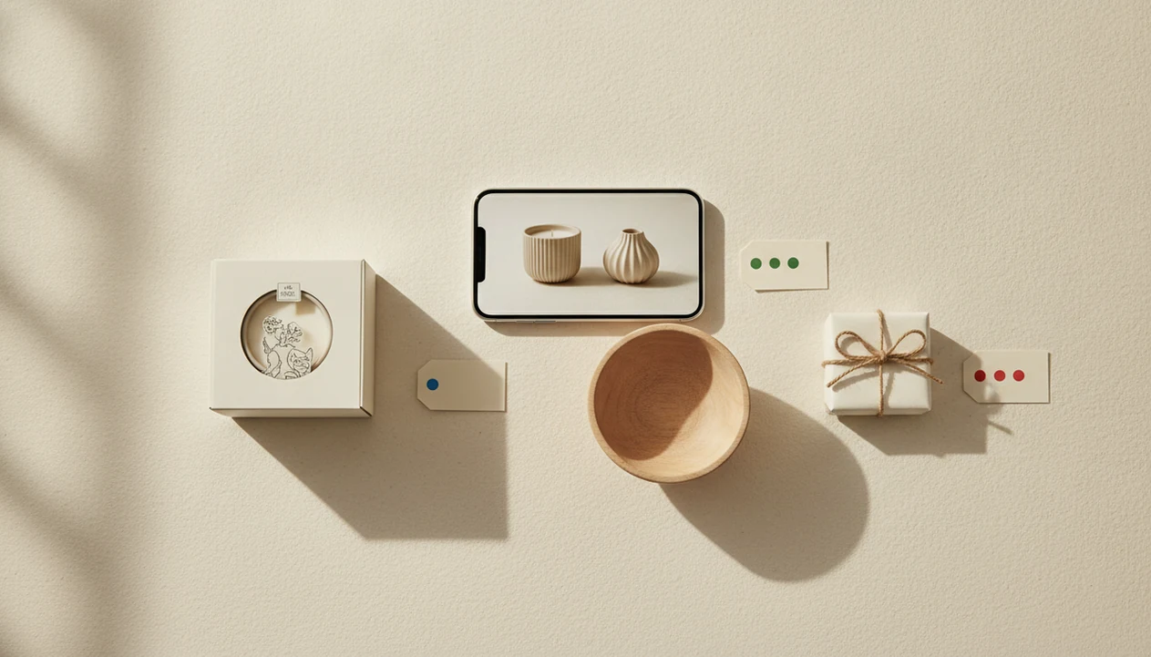 A phone photo of a gift is surrounded by similar items and blank price tags on a clean tabletop.