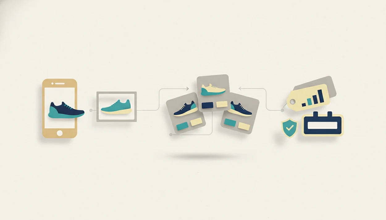 A visual shopping timeline shows a photo becoming product matches, price checks, and seller verification.