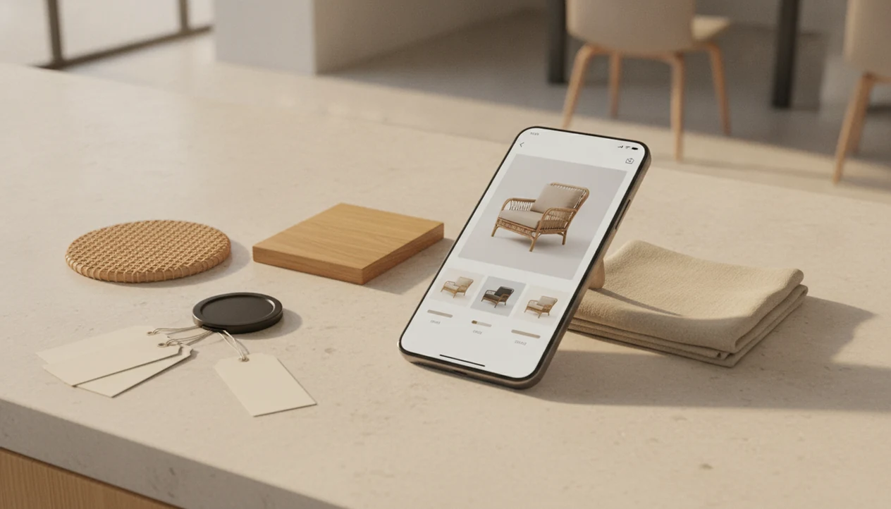 A phone compares visually similar chair options beside material swatches on a bright tabletop.