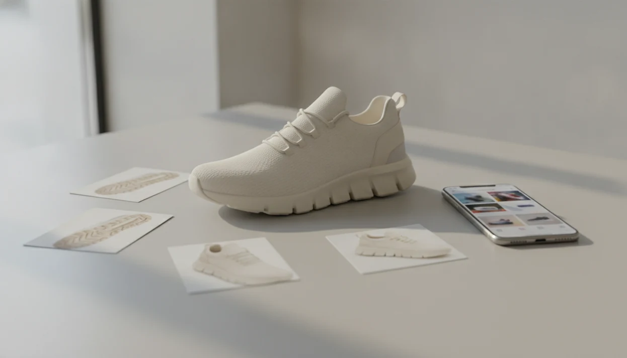 A sneaker is photographed with close-up detail cards and a phone suggesting visual product search.