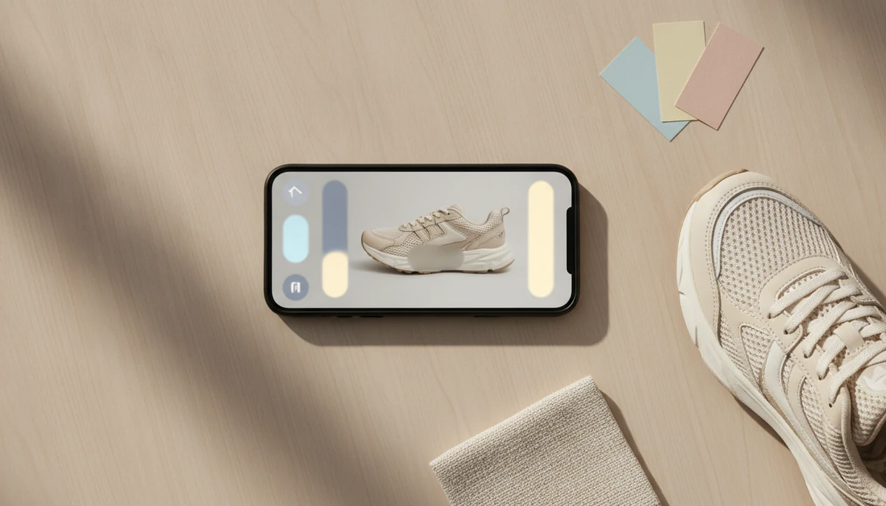 A phone with a product screenshot is surrounded by matching items and blank price cards for comparison.