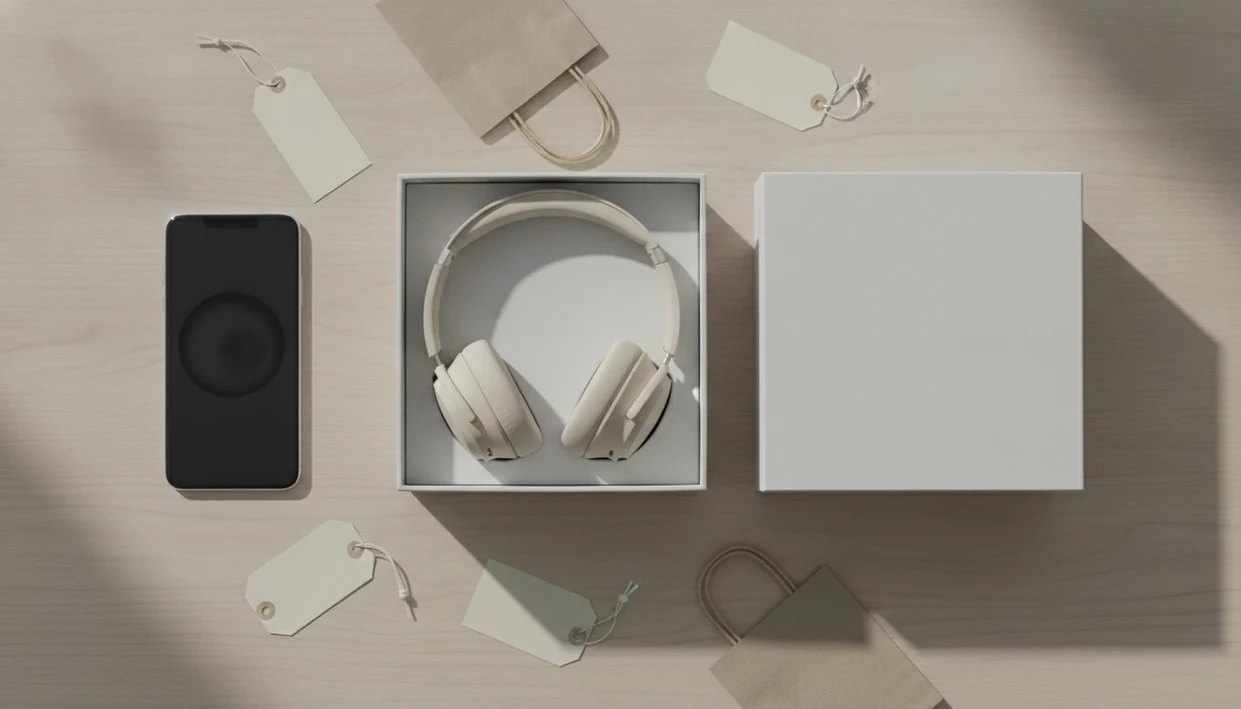 A phone, boxed headphones, shopping bags, and blank price tags arranged for photo price comparison.