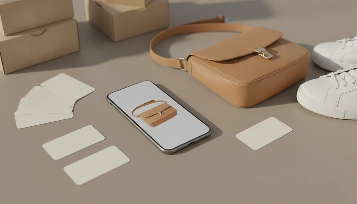 A phone compares a photographed bag with product options, blank price tags, and packages on a desk.