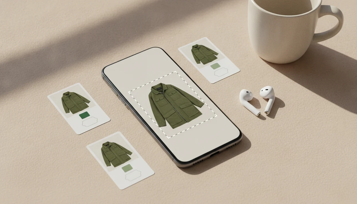 An Android phone shows a cropped jacket screenshot with visual shopping match cards arranged nearby.
