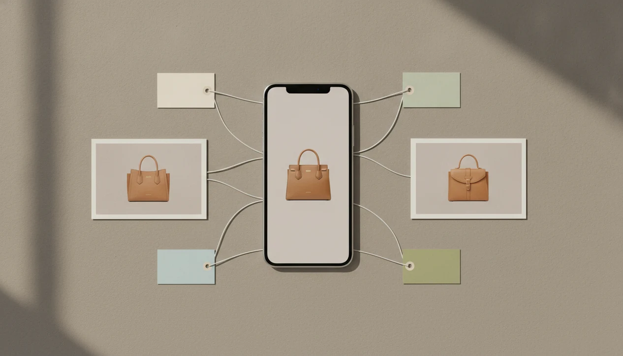 An iPhone screenshot of a handbag sits among visual match cards and blank price tags for comparison.