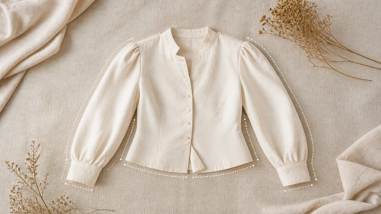 A photographed garment annotated with type, cut, pattern, material, and style terms.