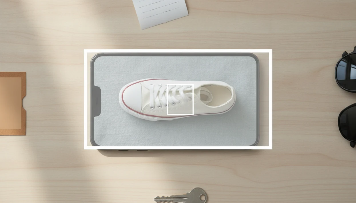 A sneaker is framed for upload while receipts, keys, and labels sit outside the crop area.