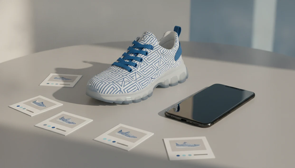 A smartphone scans a patterned sneaker surrounded by visual product match cards for price comparison.