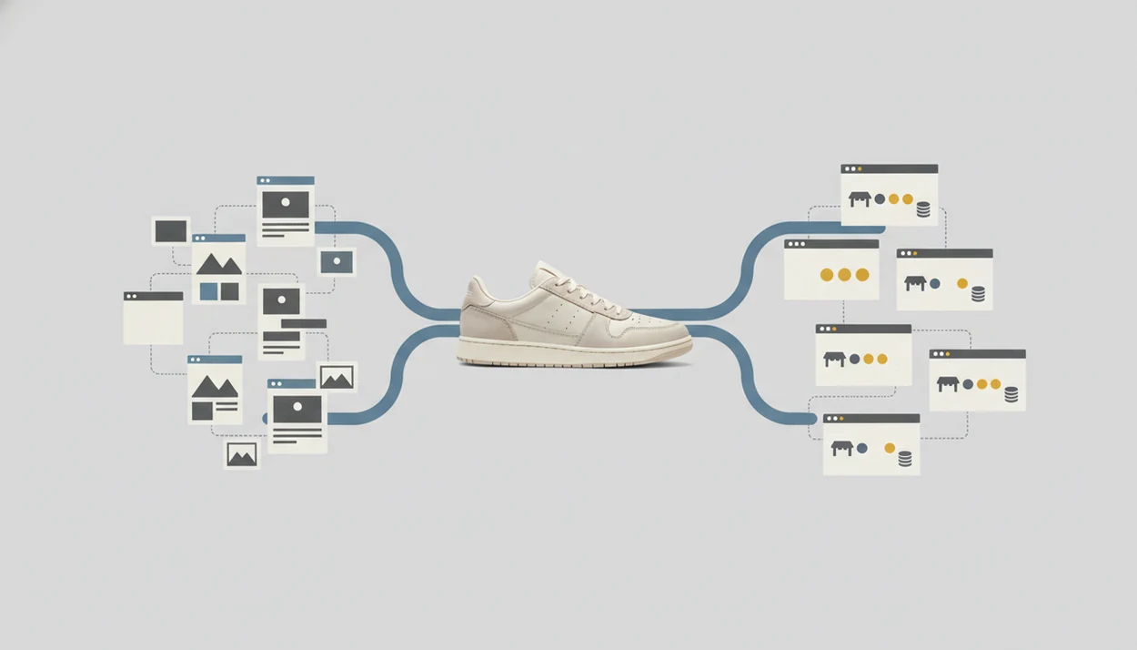 A sneaker image branches into web image matches on one side and shopping product results on the other.