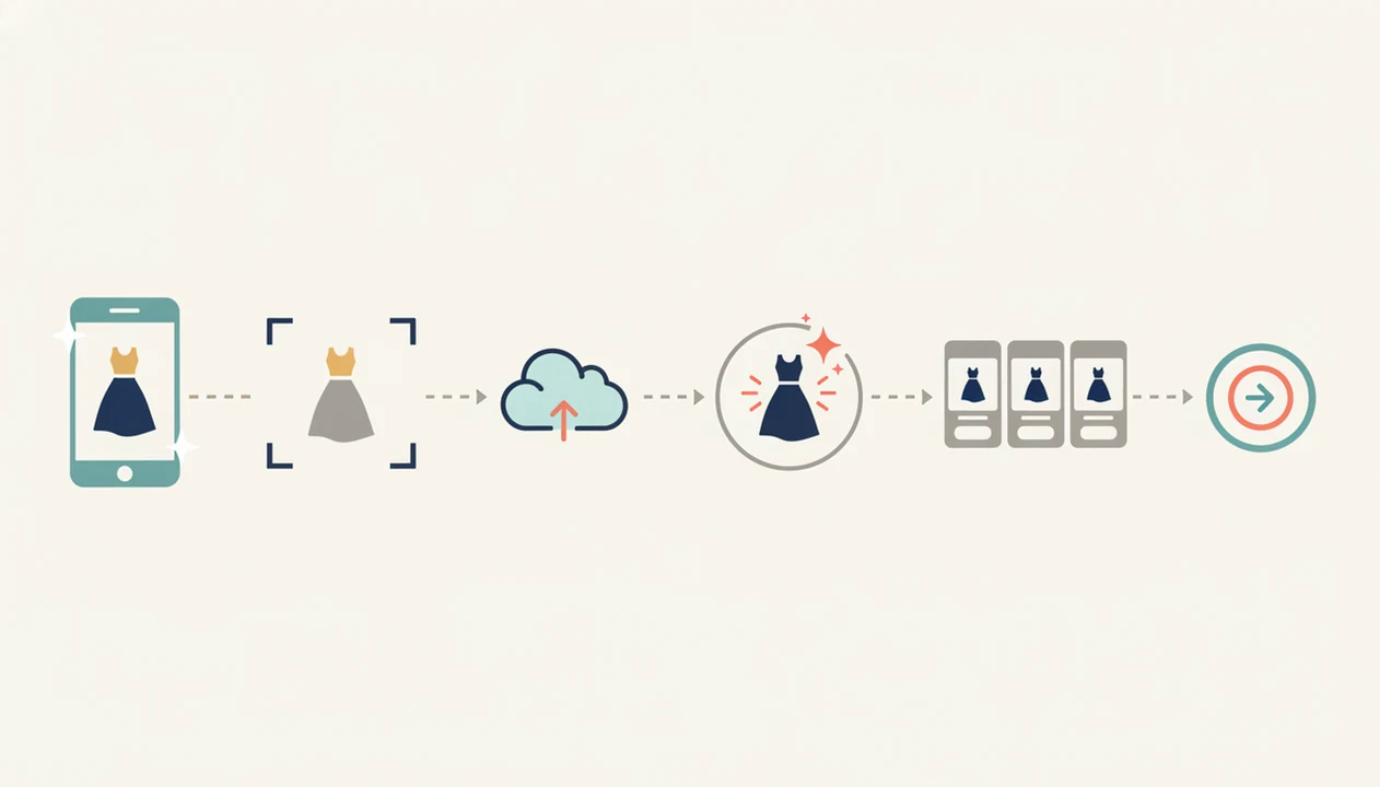 A clean visual timeline shows a screenshot becoming product matches, price comparisons, and a store link.