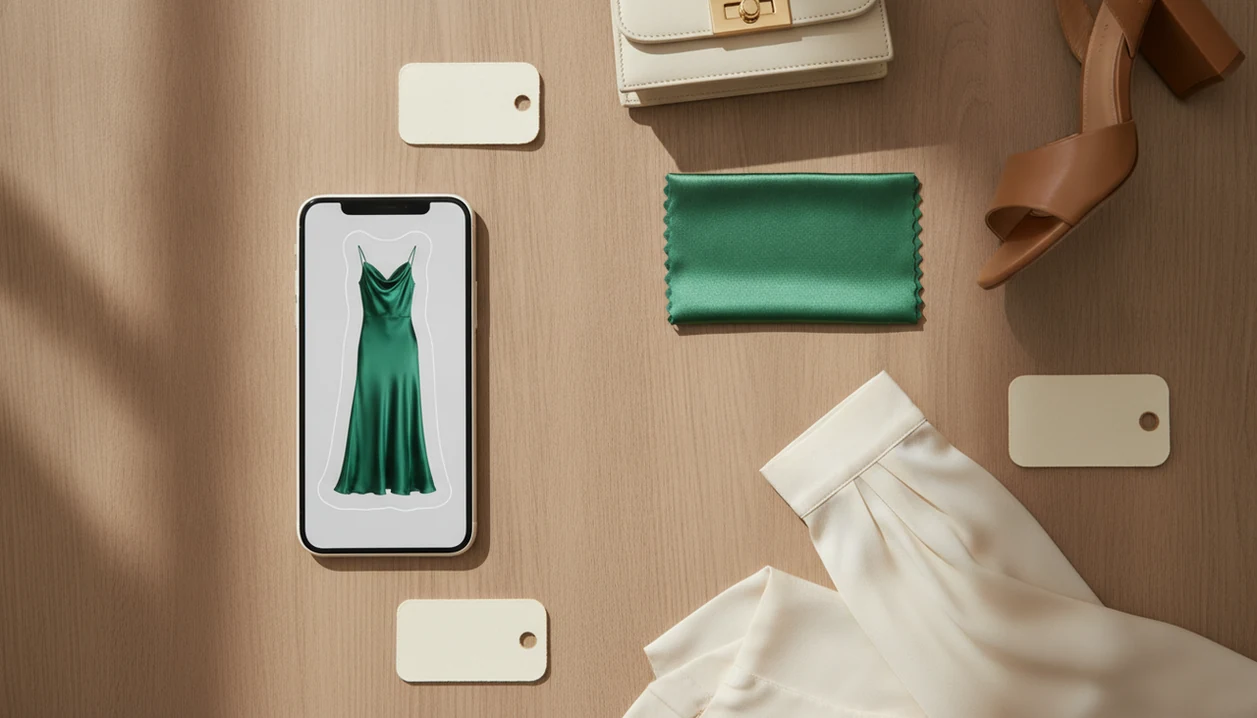 A phone analyzes a green dress photo among fashion items, suggesting visual shopping and price comparison.