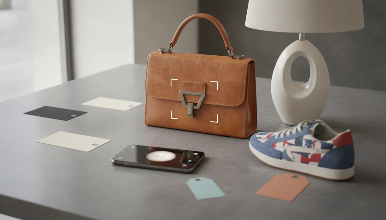 A phone visually searches a handbag beside products and blank comparison cards on a tabletop.
