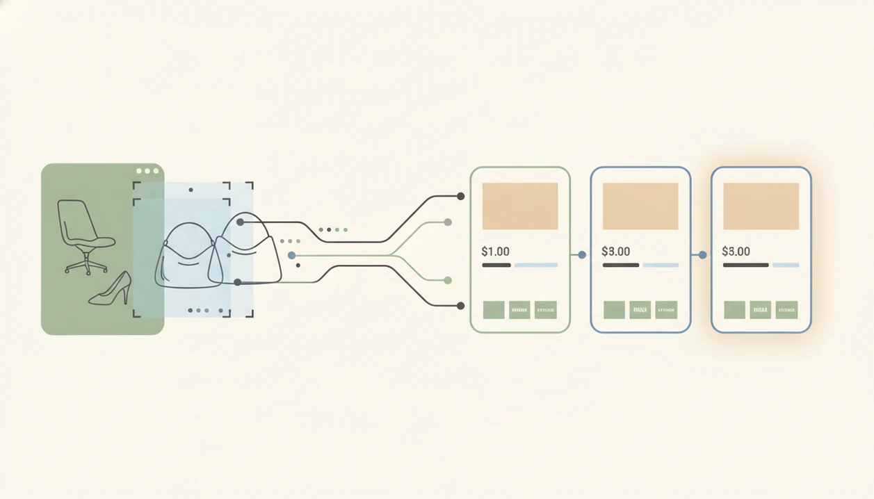 A clean diagram shows a screenshot being analyzed and matched to product results.
