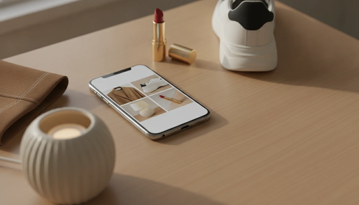 A phone displays product images beside matching real objects on a softly lit desk.