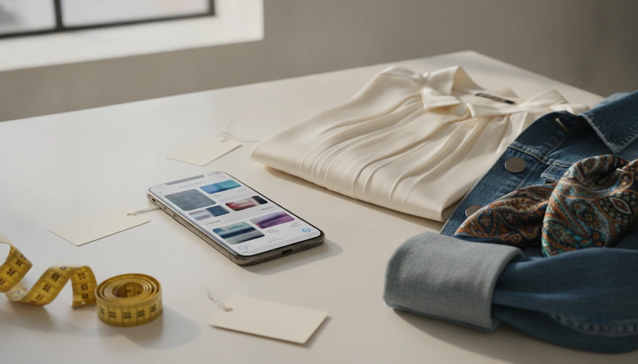 A phone beside folded clothes and blank price tags suggests searching for fashion items from a photo.