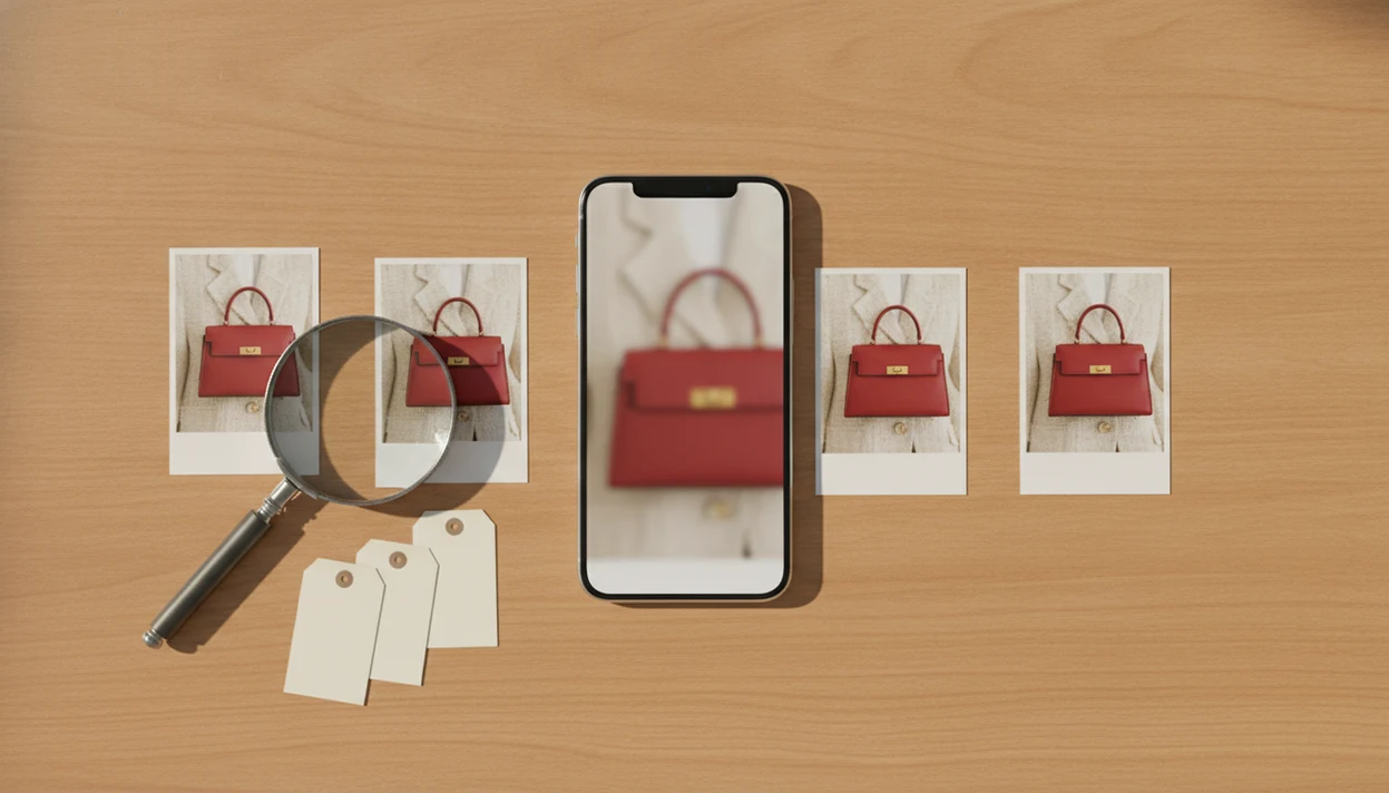 A phone screenshot of an outfit is surrounded by similar product photos and blank price tags.