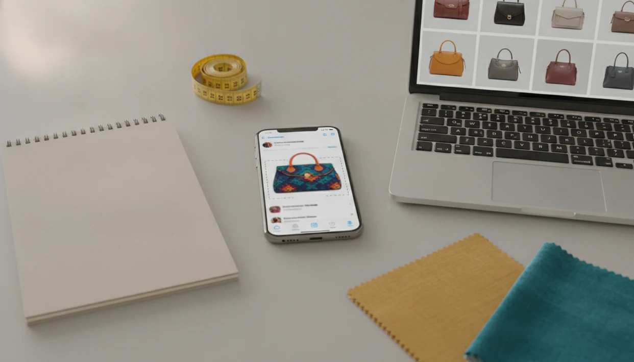 A phone screenshot of a handbag sits beside image-only product matches on a laptop.