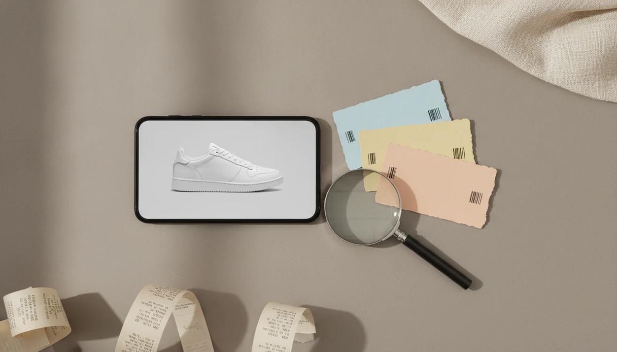 A phone with a sneaker image sits beside blank retailer cards and a magnifying glass for price comparison.