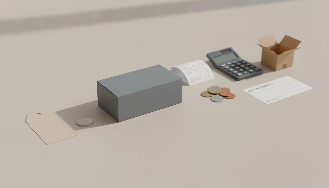 A product box is shown with a receipt, coins, shipping box, calculator, and return label on a tabletop.