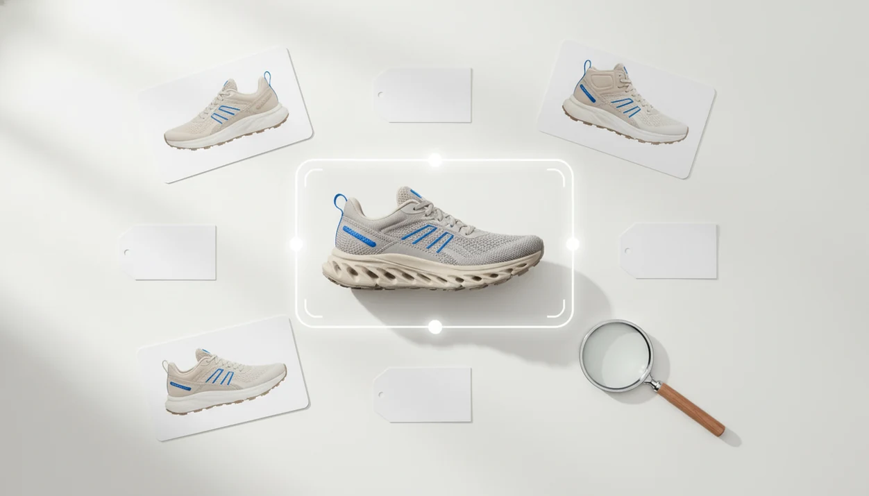 A sneaker is centered inside crop marks with similar product cards arranged around it.