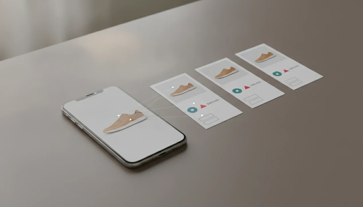 A phone image of a sneaker connects to blank product cards suggesting visual search shopping and price comparison.