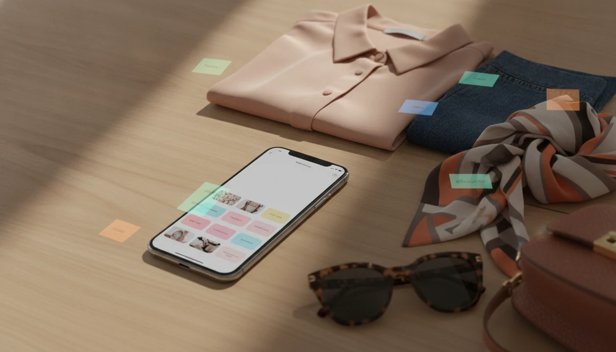 A phone scans clothing items on a tabletop to suggest visual matches and price comparisons.