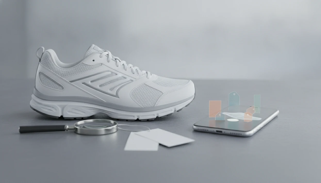 A sneaker beside a phone, magnifying glass, and blank price tags suggesting photo search and deal comparison.