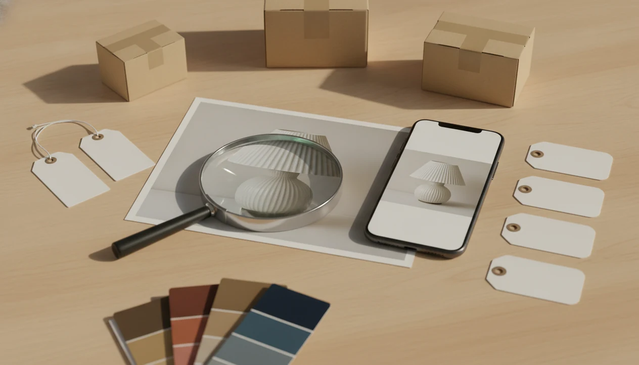 A product photo, phone, magnifying glass, and plain parcels suggest finding where to buy an item online.